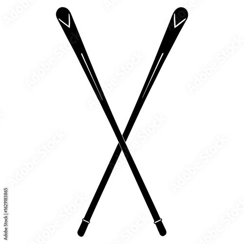 Simple black silhouette of two crossed ski poles with rounded tips and grips on a white background