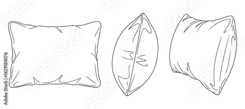 Outline illustration of three pillows in different views on white background, rendering.