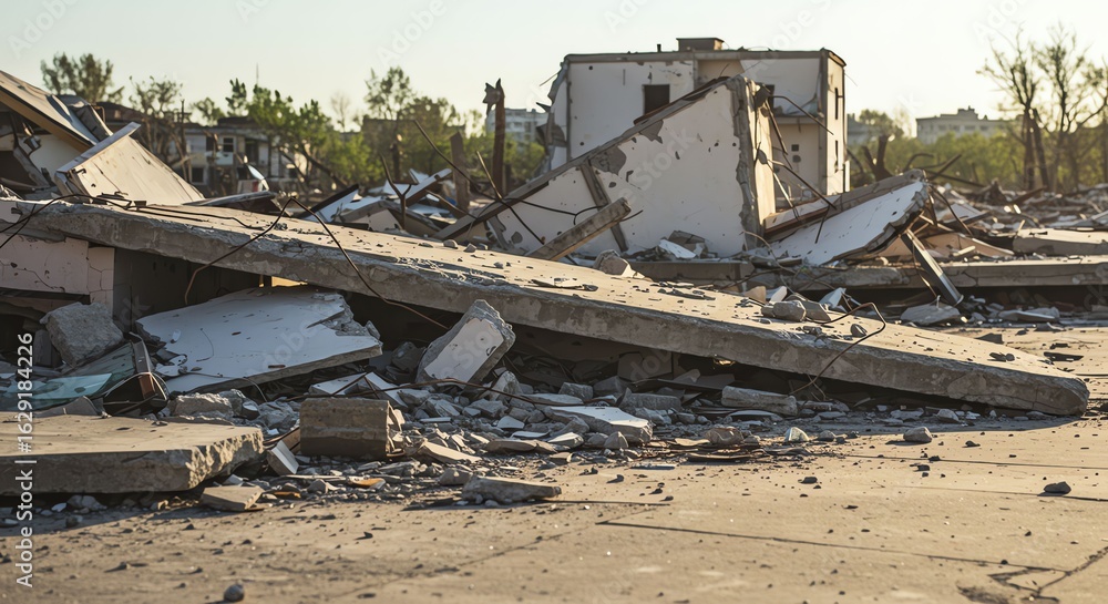 Fototapeta premium Destroyed Building Debris and Rubble in Post-disaster Urban Area