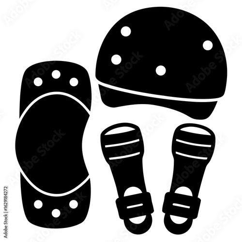 Set of black protective gear icons including a helmet elbow pad and knee pad for sports