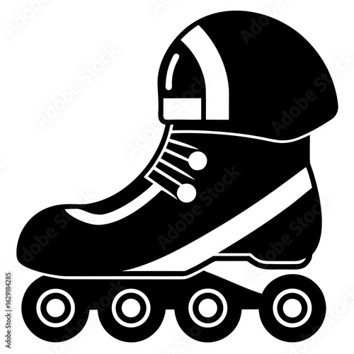 Black silhouette of a roller skate with four wheels and laces on a white background