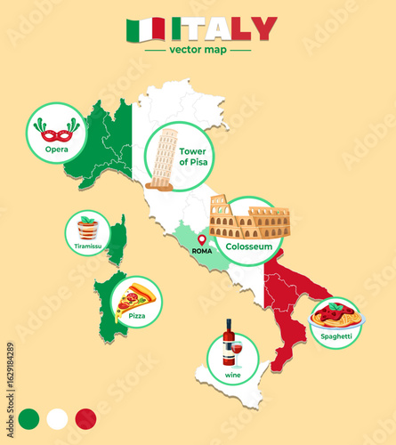 Italy map with famous landmarks – travel and tourism illustration