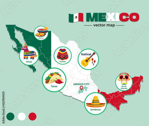 Mexico map with famous landmarks – travel and tourism illustration