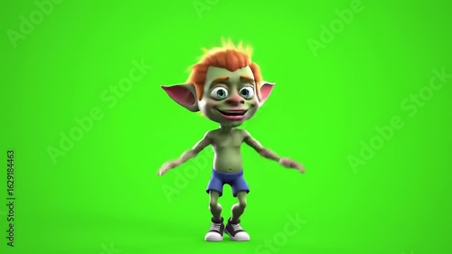 Friendly Green Cartoon Boy with Green Screen.