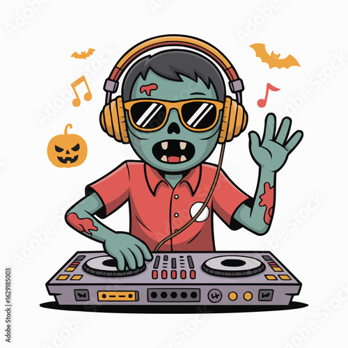 Cool DJ Zombie Boy Playing Music with Headphones Halloween Cartoon Character Clipart Sticker Vector Illustration

