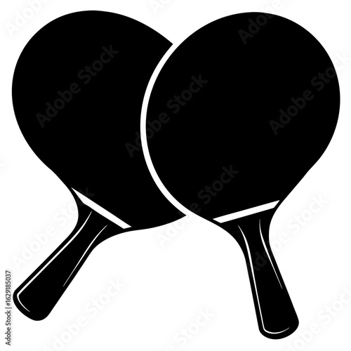 Two black ping pong paddles crossed in a stylized silhouette against a white background