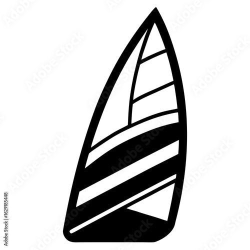 A simple black silhouette of a windsurfing sail and board against a white background