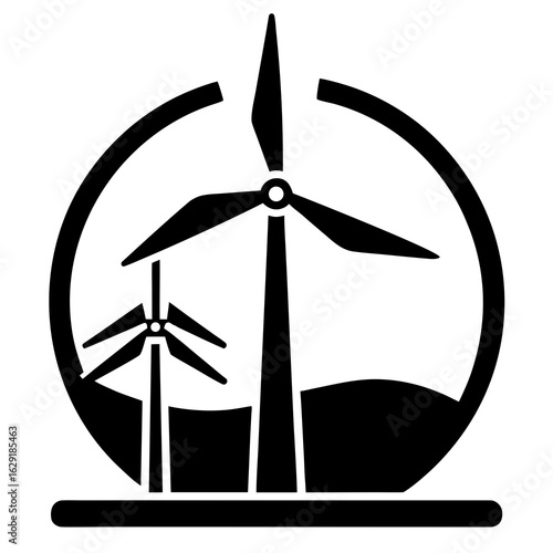 Stylized black silhouette of a modern wind turbine with three blades and two additional cross shaped blades on a white background