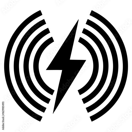 Black wi fi signal icon with a downward pointing arrow and two arrows indicating direction on a white background