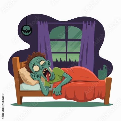 Sleepy Zombie Cartoon Character Sleeping on Bed with Pumpkin Night Lamp Funny Halloween Vector Illustration

