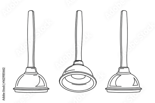 Illustration of a set of simple rubber sink plunger icons, plumbing tool isolated on white.