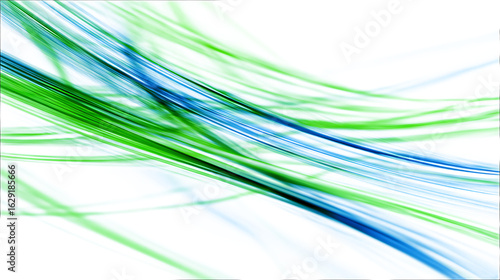 Abstract green and blue light streaks on white background.