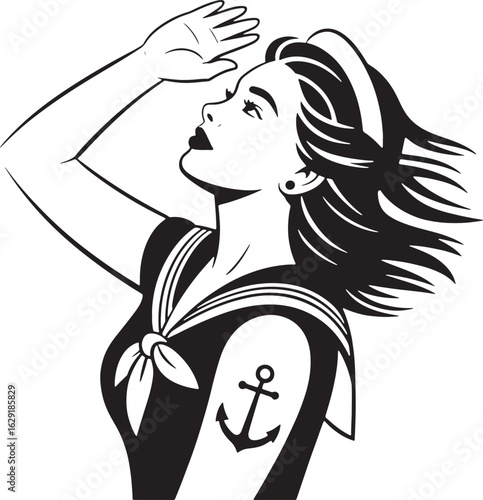 Sailor Woman with Anchor Tattoo and Hand on Forehead