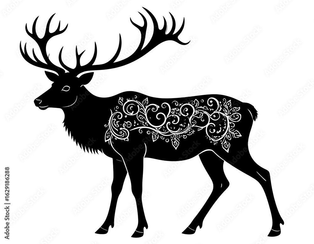 Obraz premium Elegant Reindeer Silhouette with Intricate Antlers, Minimalist Design, Isolated
