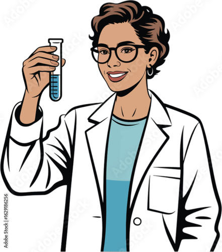Smiling Scientist Woman Holding Test Tube in Laboratory