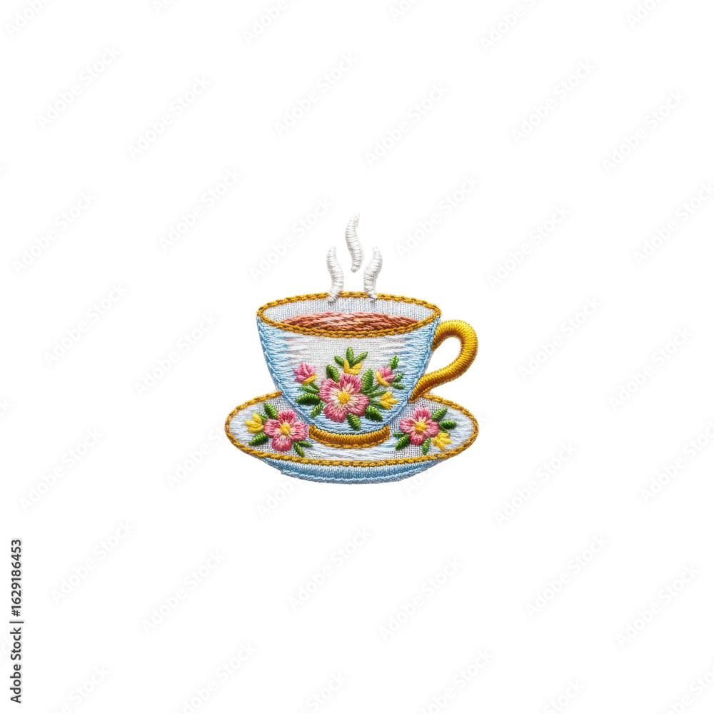 Fototapeta premium A charming embroidered teacup and saucer with a steaming hot beverage, featuring a beautiful floral pattern. Ideal for cozy themes, crafts, or digital design.