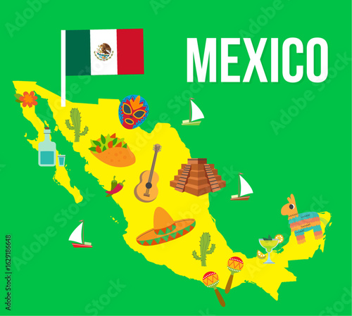 Mexico map with famous landmarks – travel and tourism illustration