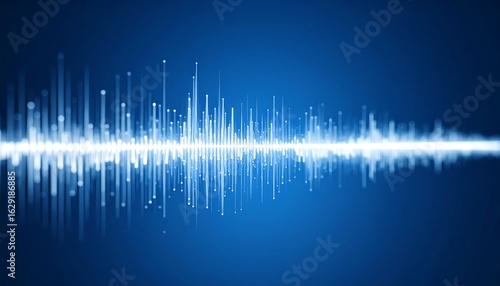 Abstract sound wave visualization; bright, glowing lines on dark blue background