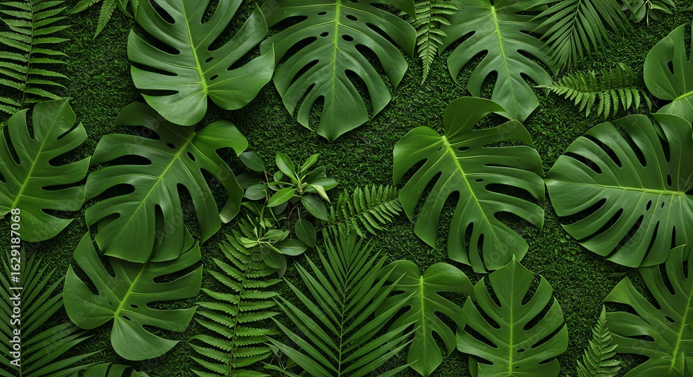 Fototapeta premium Lush Green Tropical Monstera and Fern Leaves Wall Covering in Natural Light
