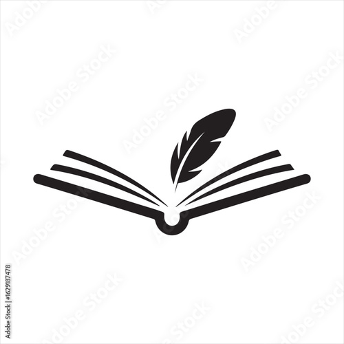 Open Book with Feather Pen Icon – Literary Writing Symbol