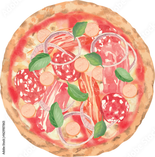 Vector illustration of Meat Lovers Pizza topped with pepperoni, sausage, bacon, ham, and mozzarella. Top view