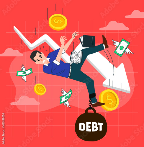 Man in debt – financial crisis and money problem illustration