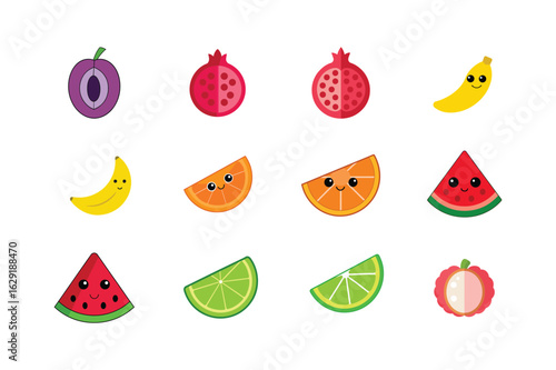 Bright happy fruit slice assortment with cute kawaii art Color Vector illustration