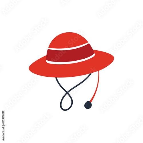 A simple, flat illustration of a red boonie hat with white and dark red stripes and a dark chin strap with a bead.