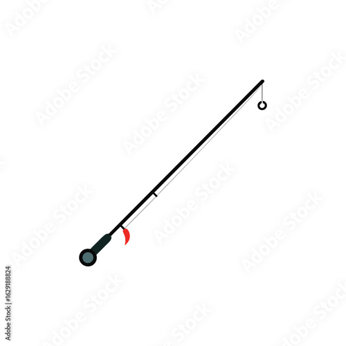 A minimalist depiction of a fishing rod, complete with a handle, line, and a bright red bobber, isolated on a white background.