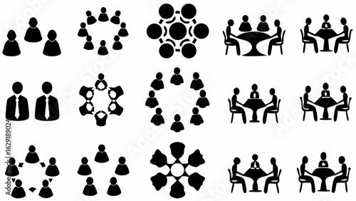 Illustration showing various group configurations including meetings and clusters of people in black silhouettes