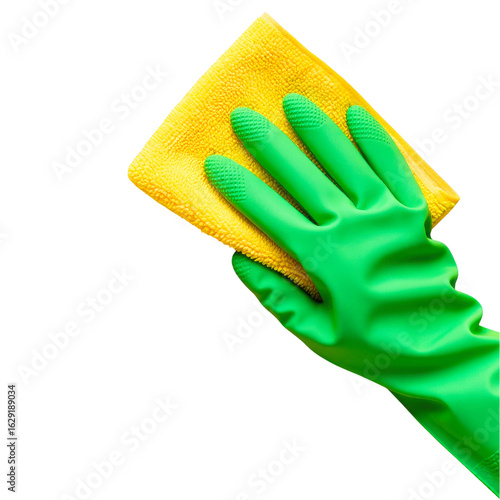 Green gloved hand holding yellow microfiber cloth for cleaning isolated on a transparent background
