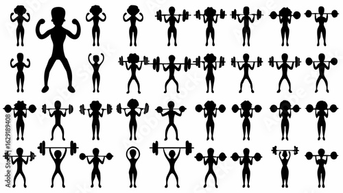 Silhouette collection of people lifting weights and flexing muscles in various poses and body types