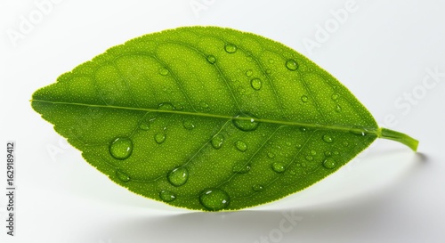 Fresh Green Leaf with Water Droplets on White Background