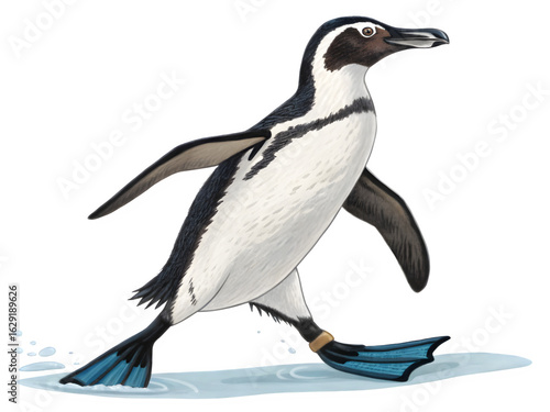 A galapagos penguin walks on ice with blue flippers