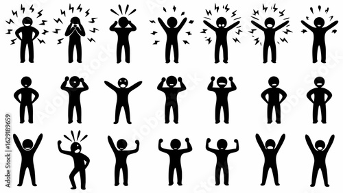 Collection of black stick figures expressing various emotions and reactions with lightning bolts around them