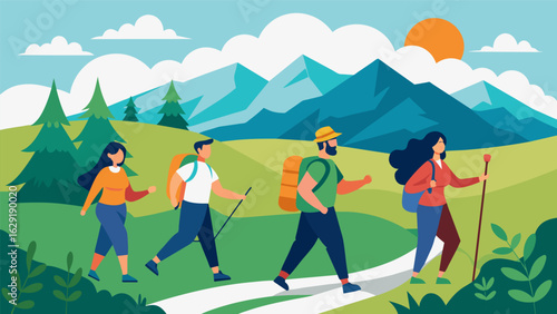 A group of friends hiking in the mountains incorporating elements of forest a practice derived from a culture that recognizes the healing properties.