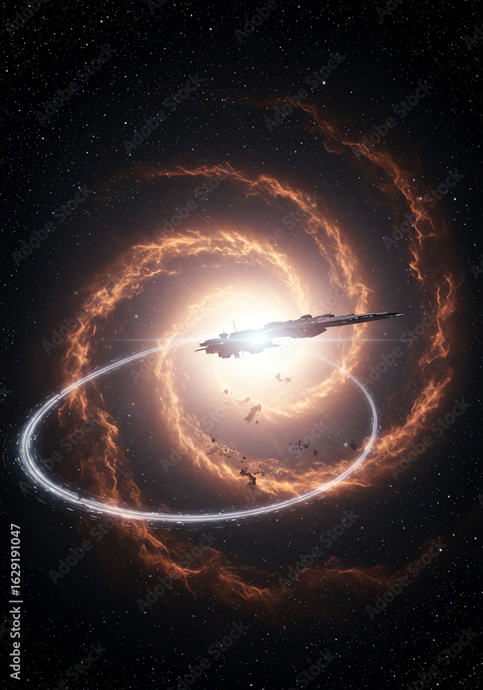 Obraz premium Futuristic Spacecraft Flying Near Bright Cosmic Explosion with Nebula and Stars