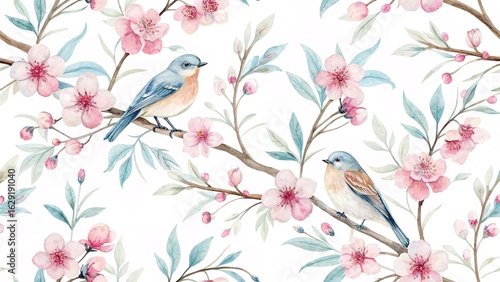 Delicate Watercolor Bluebirds Perched Among Cherry Blossom Branches Creating a Charming Springtime Floral Pattern