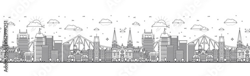 Seamless pattern with Outline Quebec Canada city skyline with modern and historic buildings isolated on white. Vector illustration. Quebec cityscape with landmarks.
