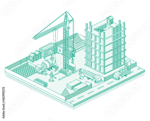 Construction site with crane and skyscraper. Process of building a multi-storey building. Vector illustration in outline style. Isometric view of a monolithic frame building.