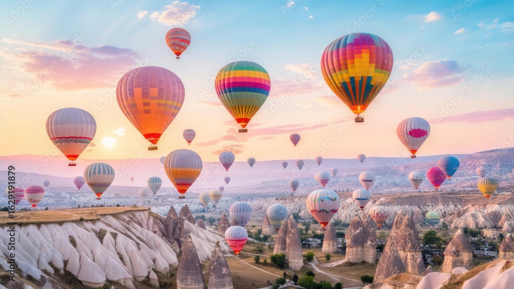 Obraz premium Colorful hot air balloons over Cappadocia landscape
