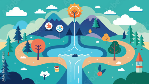A lake with various mental health resources and treatments acting as its tributaries flowing together to create a powerful force of support and.