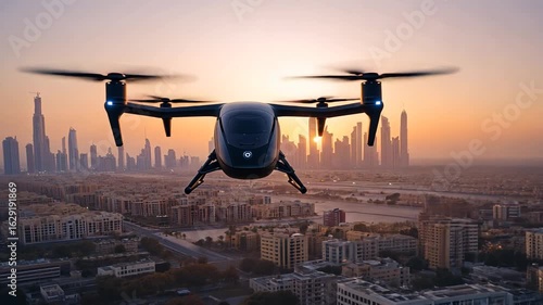 Drone taxi soars with cityscape sunset for futuristic transportation urban innovation sleek design advanced air mobility technology modern flight concept.