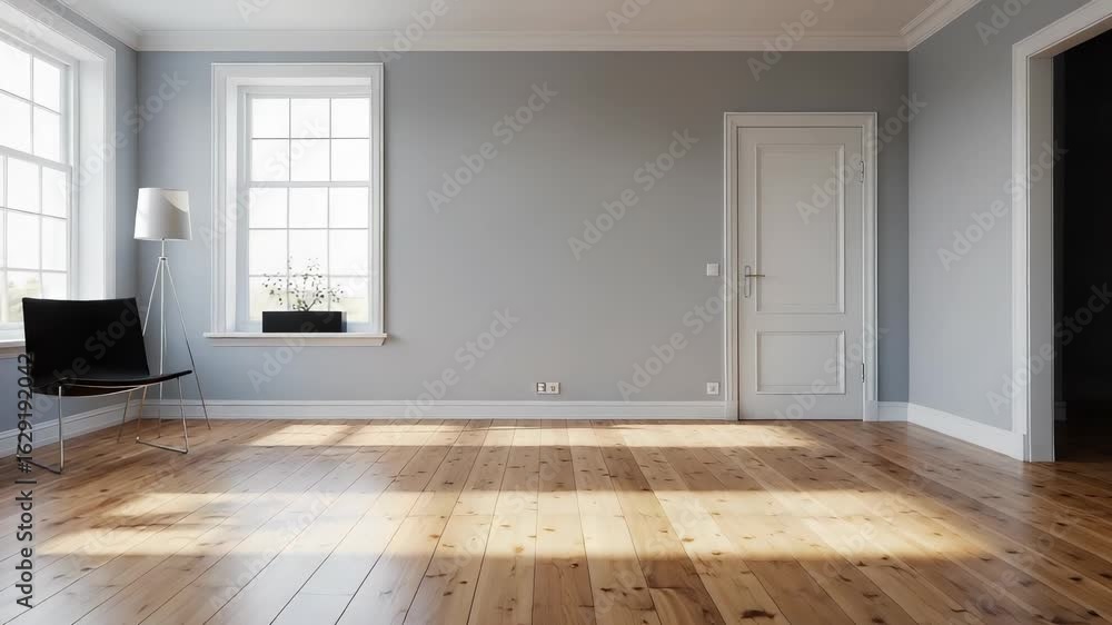 custom made wallpaper toronto digitalEmpty Room with Gray Walls Light Wood Floor and Natural Light Streaming through Windows and Black Chair for Adobe Stock Photo