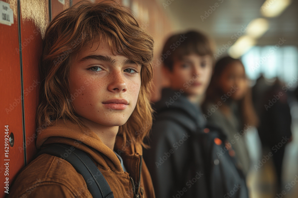 Fototapeta premium Young boy leaning against a wall.