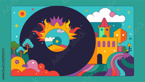 A record sleeve with a handdrawn illustration depicting a whimsical and fantastical world that perfectly represents the bands sound. Vector illustration