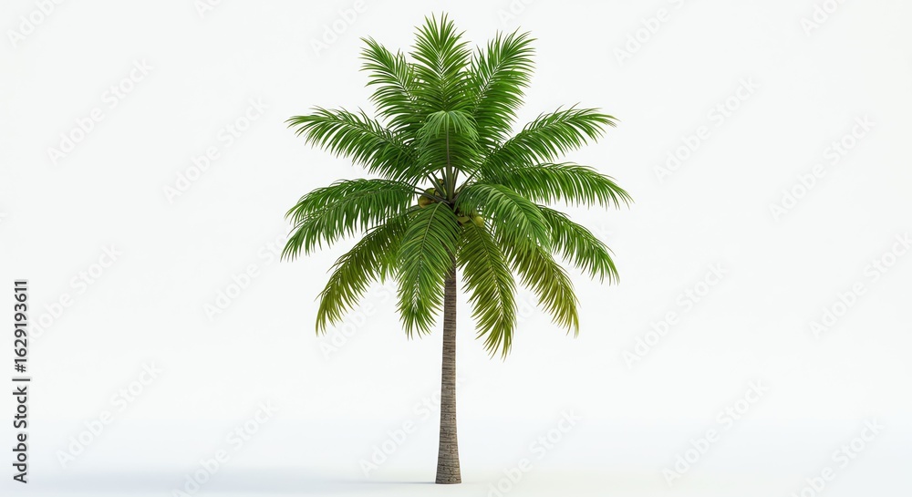 Obraz premium Palm Tree with Green Fronds Tall Trunk in Minimalist White Background