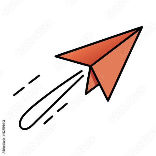 Orange paper airplane soaring through the air with motion lines indicating speed and travel