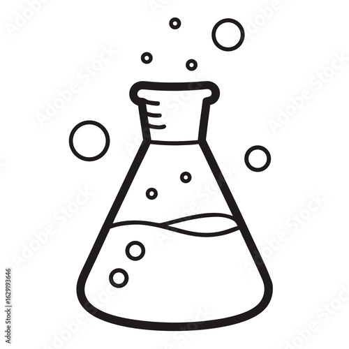 Simple line art drawing of a bubbling erlenmeyer flask containing liquid representing chemistry and science experiments