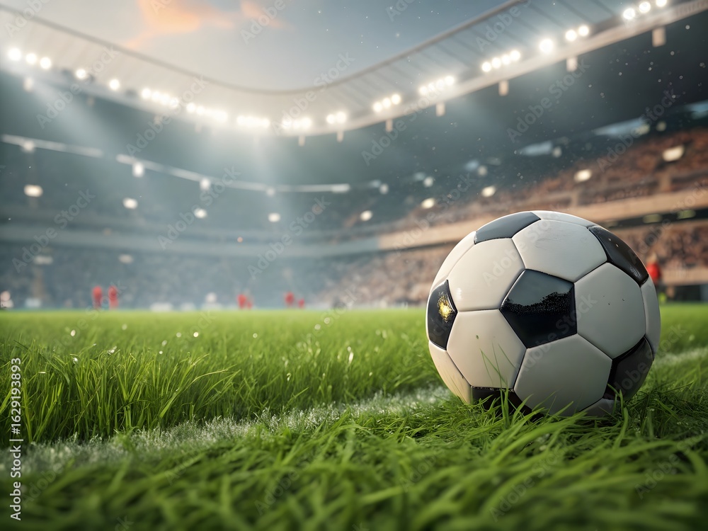 Naklejka premium Black and white soccer ball placed on grass inside a large stadium